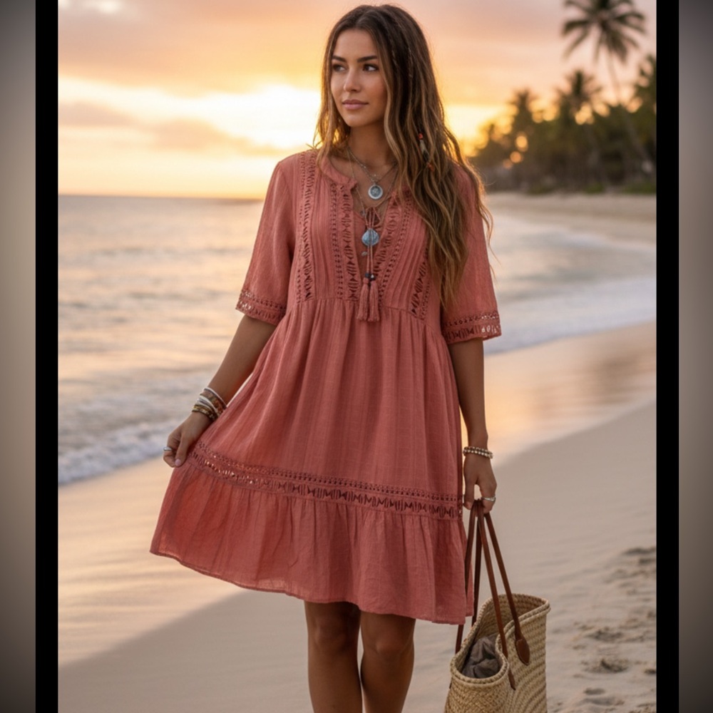 Knox Rose Boho Beachy Dress 2 Piece L Coral Salmon Peplum Tier Eyelet Lace